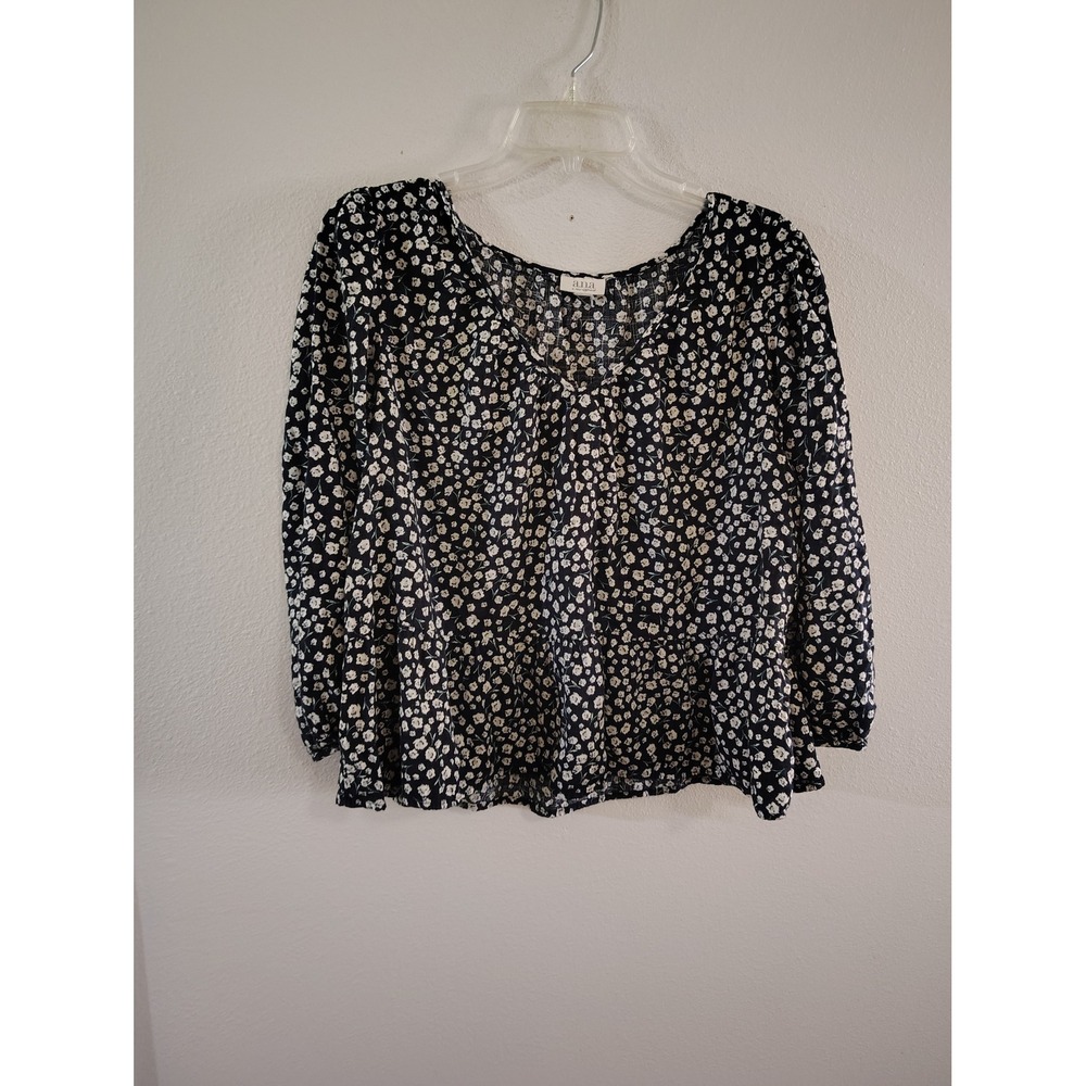 ana a new approach Womens Floral V-Neck Peplum Blouse Navy White Long Sleeve Top